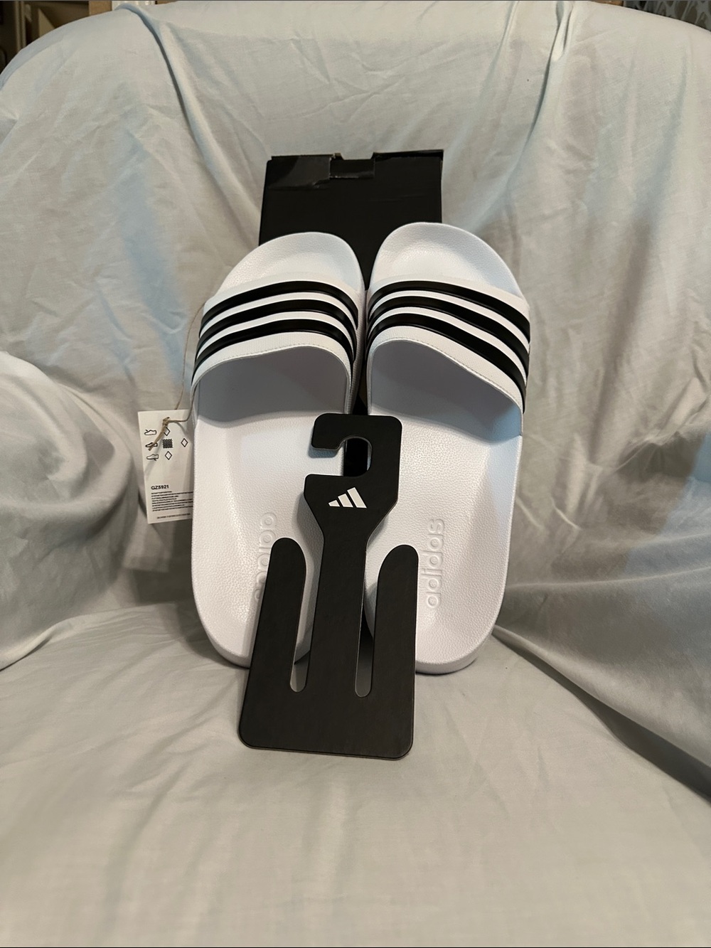 adidas White Slide Sandals with Black Stripes